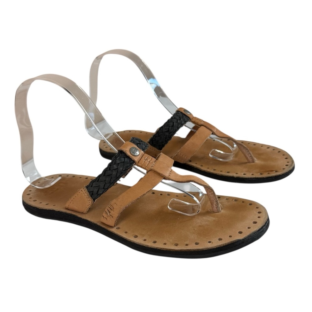 UGG Braided Leather T-Strap Sandals Womens 7 Tan Black Slip On